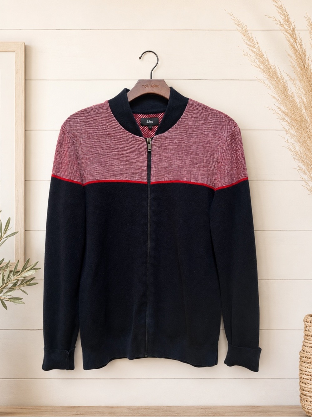 Jules Navy and Red 100% Cotton Zip-Up Sweater